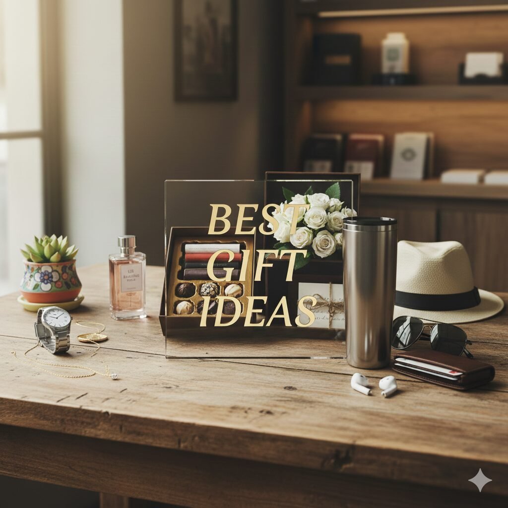 A flat lay of luxury gift items on a wooden table including a, elegant silver watch, perfume bottle, box of chocolates, white roses, a fedora hat, and sunglasses with 'Best Gift Ideas' text overlay.