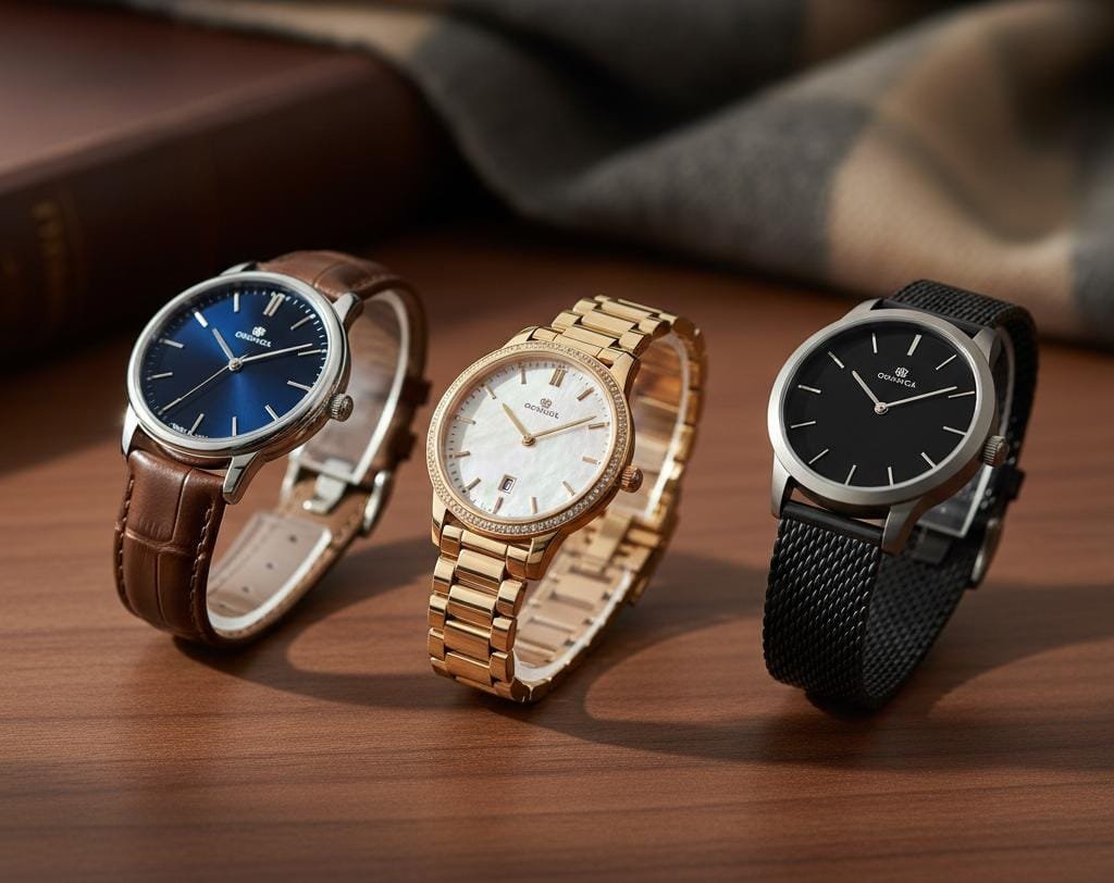 "Close-up of a premium silver stainless steel wrist watch with a minimalist white dial, styled on a wooden surface next to a gold pendant necklace and 'Best Gift Ideas' gold text overlay."