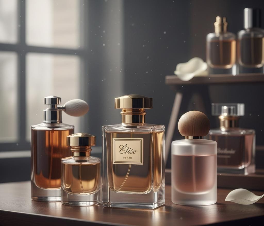 "A collection of luxury perfume and cologne bottles in various shapes and sizes, featuring amber and rose-colored liquids, displayed on a wooden surface with soft, elegant lighting."