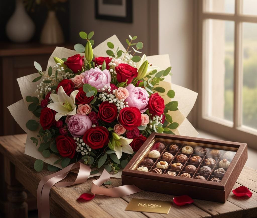 "A luxury gift arrangement featuring a gourmet box of assorted chocolates and a fresh bouquet of white roses, styled with 'Best Gift Ideas' gold text for a romantic or celebratory occasion."