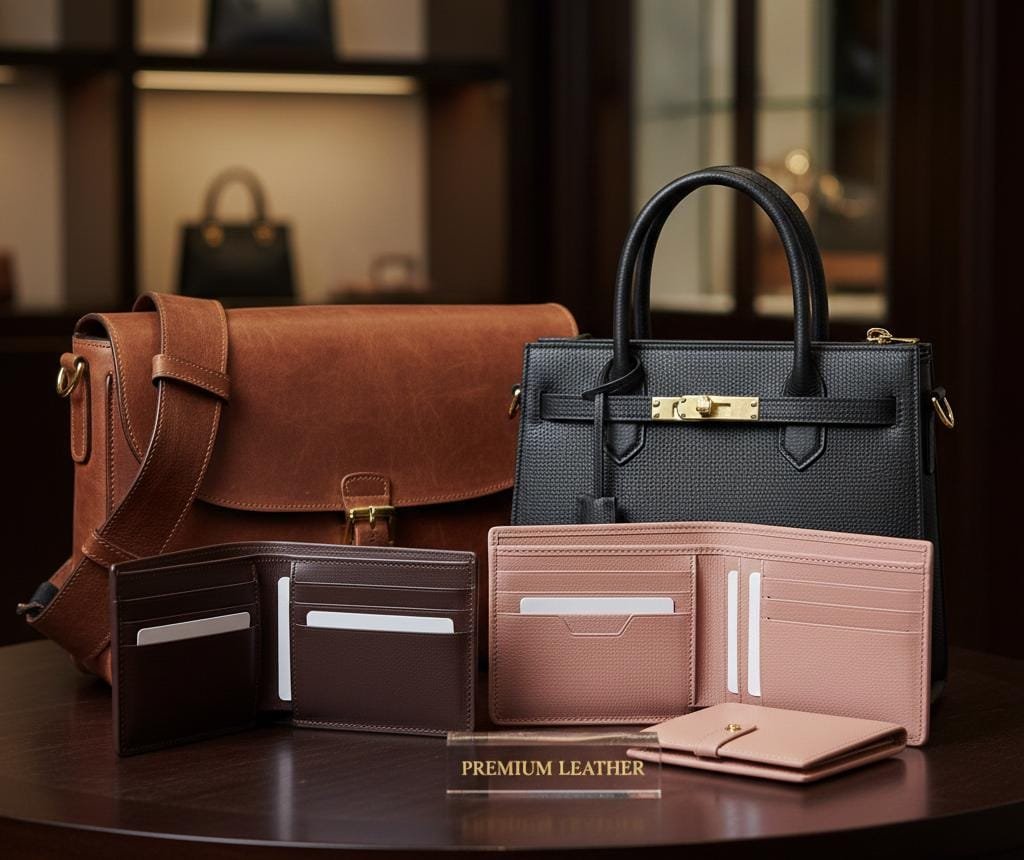 A luxury fashion flat lay featuring a brown leather men's wallet, a stylish designer handbag, and gold accessories on a wooden table with 'Best Gift Ideas' gold text overlay."