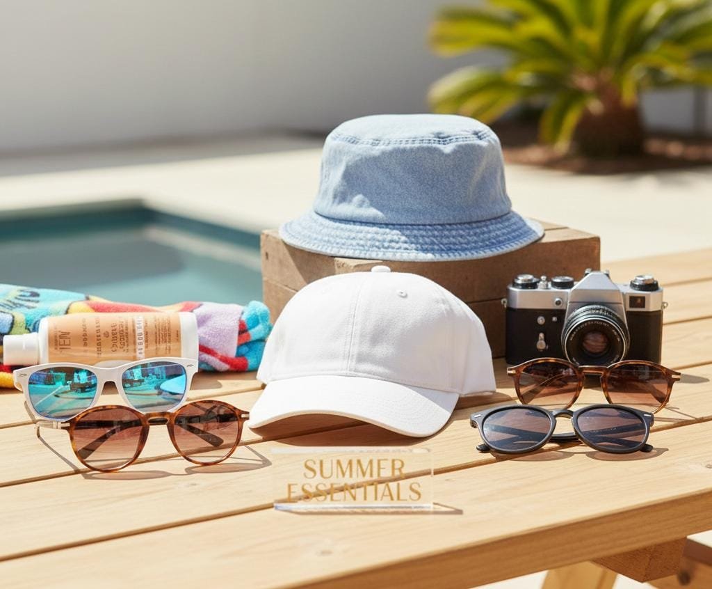 Trendy summer fashion accessories for men and women including a casual sun cap and polarized goggles, perfect as a vacation gift from Ravzo."