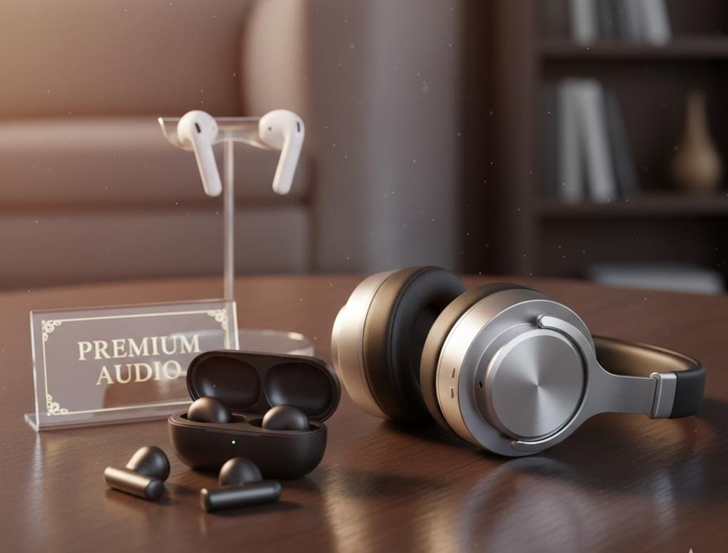 Premium tech gift set featuring high-end over-ear headphones, sleek wireless earpods, and a luxury watch on a wooden desk with 'Best Gift Ideas' gold text overlay."