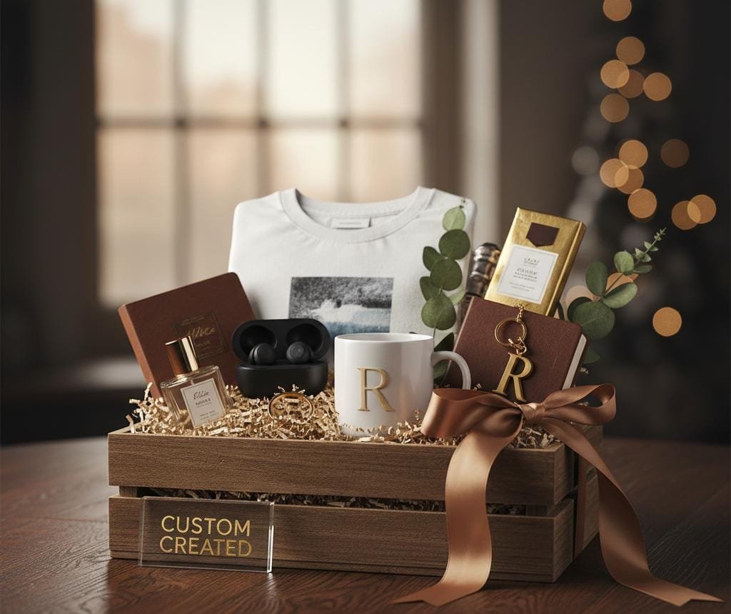 Premium personalized gift basket for men and women, featuring curated lifestyle items and accessories, ideal for corporate or personal gifting from Ravzo."