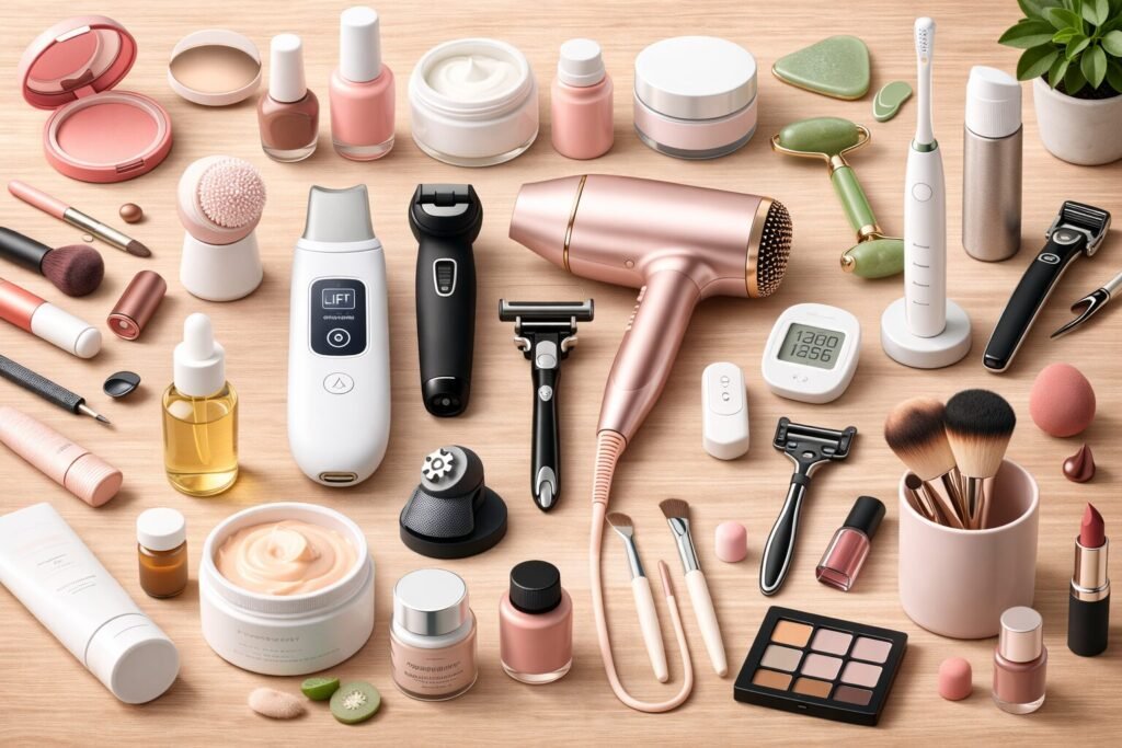 “Flat lay of beauty, skincare, and grooming products on a wooden surface, featuring makeup items, skincare creams and serums, facial cleansing devices, jade roller, hair dryer, electric trimmer, razors, makeup brushes, lipstick, nail polish, and personal care tools arranged in soft pastel tones for a modern self-care aesthetic.”