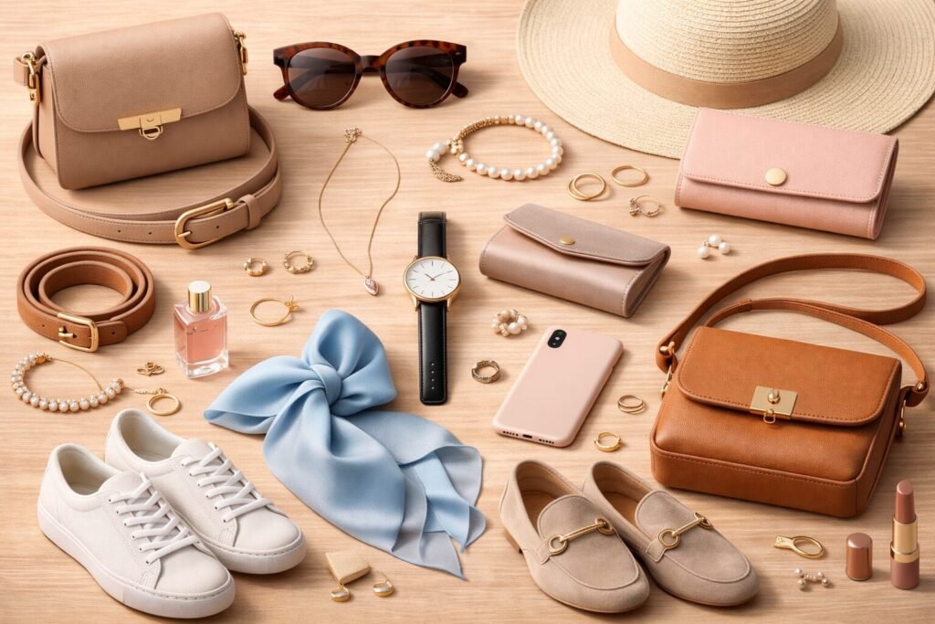 “Flat lay of fashion accessories on a wooden surface, including handbags, sunglasses, wristwatch, belts, wallets, jewelry, scarf, perfume, smartphone case, hat, sneakers, loafers, and makeup items, styled in soft neutral and pastel tones for a trendy, elegant look.”