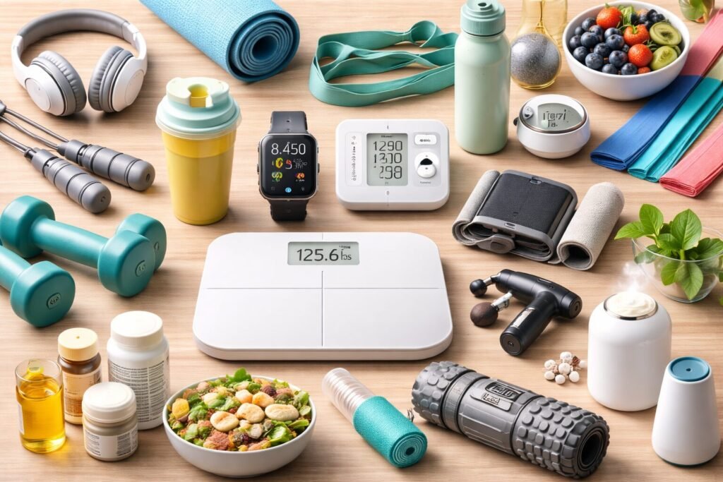 “Flat lay of health, fitness, and wellness products on a wooden surface, including dumbbells, yoga mat, resistance bands, jump rope, smartwatch, digital weighing scale, blood pressure monitor, massage gun, foam roller, headphones, water bottle, healthy food bowls, supplements, and essential oils, arranged to represent an active and balanced lifestyle.”