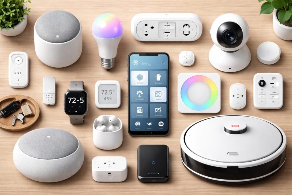 “Flat lay of smart home and tech accessories on a wooden surface, including smart speakers, smart bulbs, security camera, smartphone with home control app, smartwatch, wireless earbuds, smart plugs, LED light panel, sensors, remote controls, and a robotic vacuum, arranged neatly with small plants for a modern, connected home feel.”